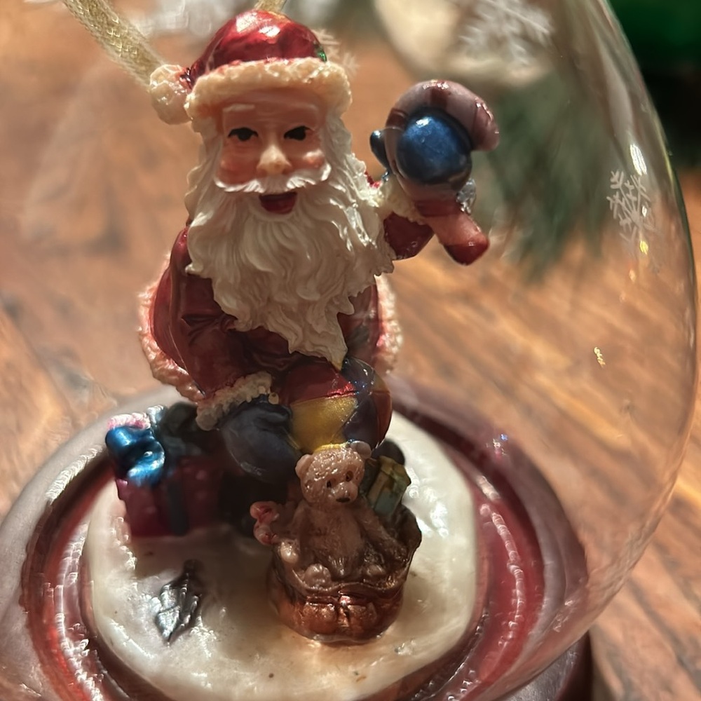 Vintage Glass Globe Christmas Ornament With Santa Inside on Wooden Base